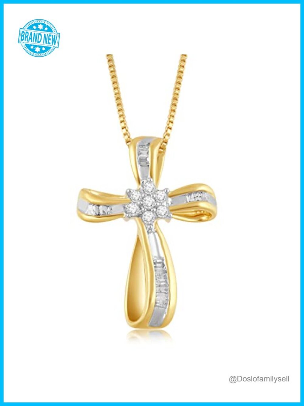 14K Yellow Gold Plated Silver Diamond Cross Pendant Necklace 18" Box Chain